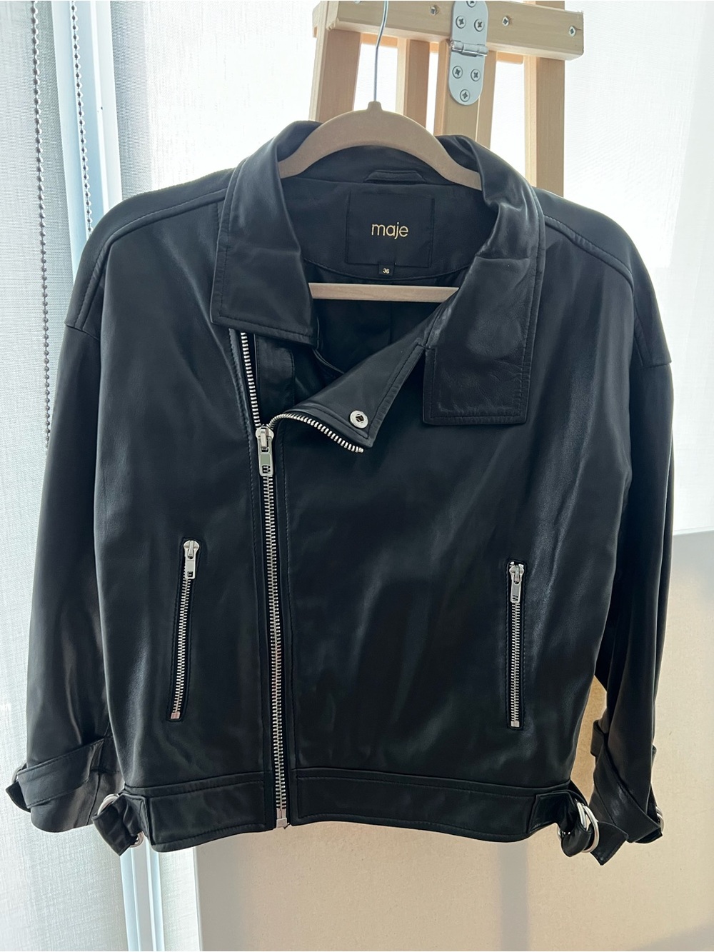 Maje Black Leather Bomber Jacket with Silver Hardware